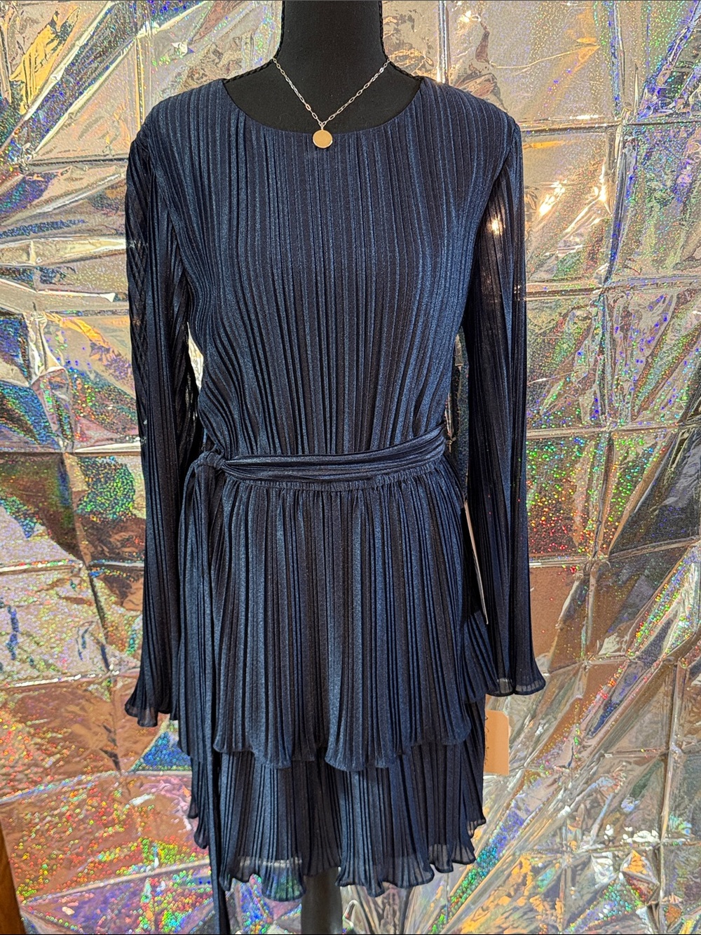 City Studio Navy Blue Pleated Long-Sleeve Dress with Waist Tie